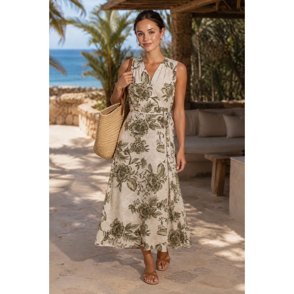NWT Calvin Klein Floral Faux Wrap Midi Dress Tie Waist Textured Sleeveless 8